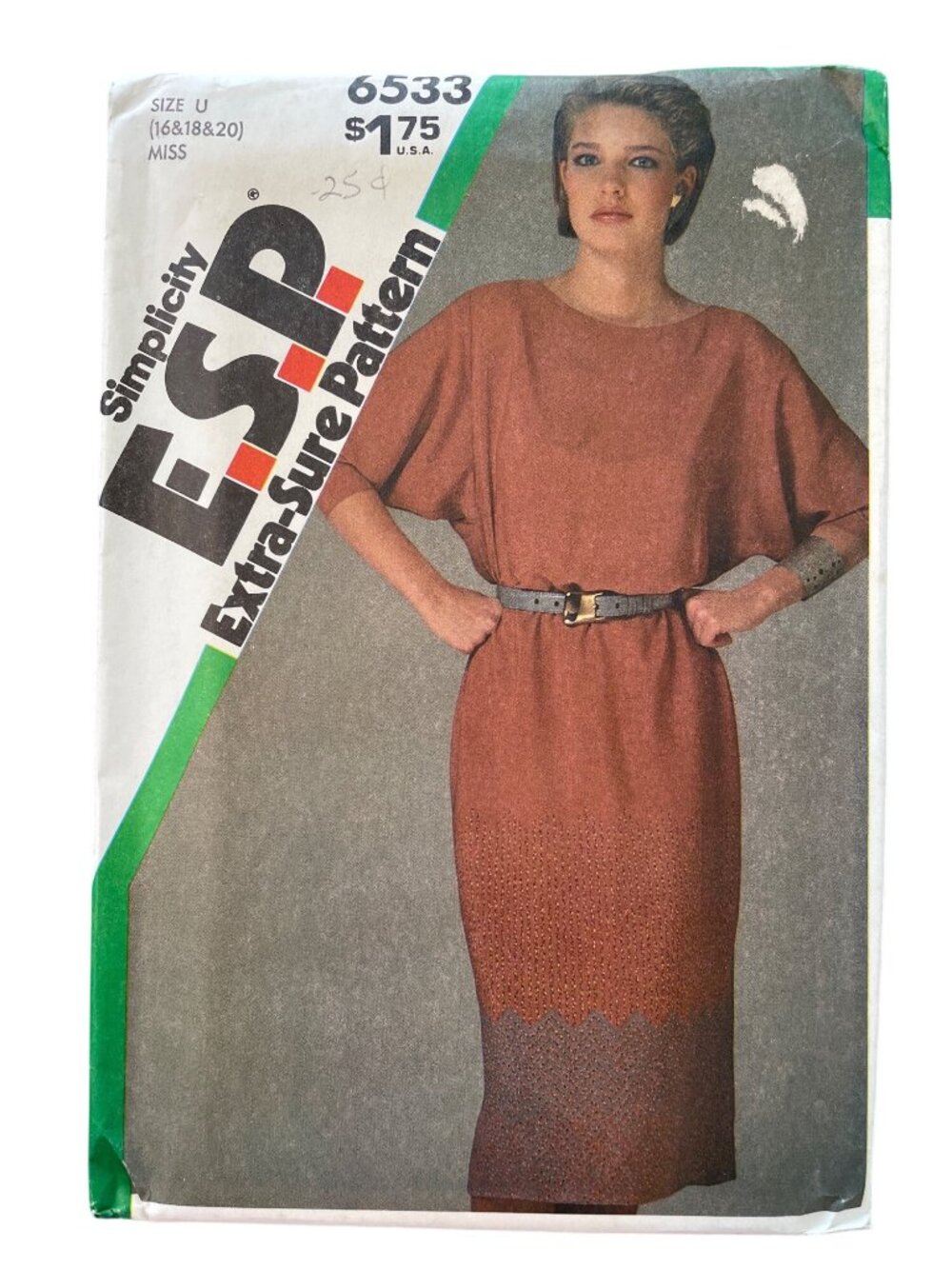 Vintage 80s Simplicity 6533 ESP Pattern Size 16-18-20 Dolman Sleeve Dress UNCUT